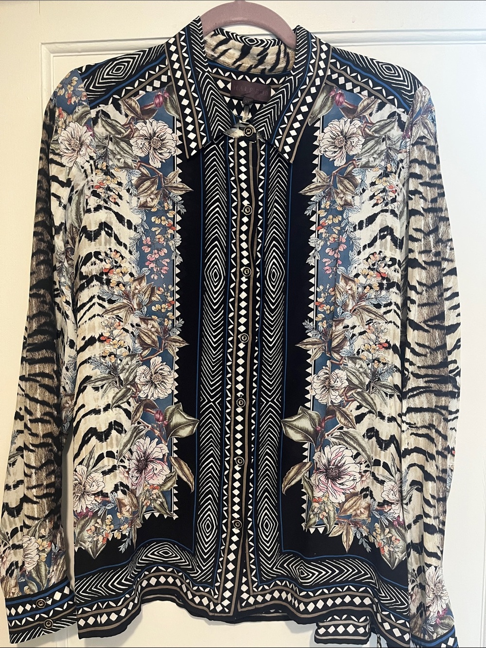 Hale Bob Silk Black Cream Floral & Animal Print Button-Up Blouse